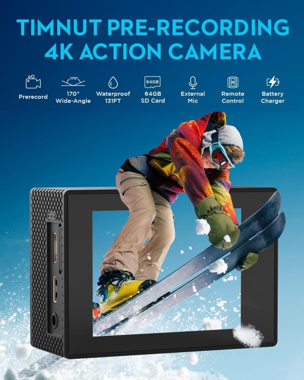 Action Camera 4K30fps with 64G SD Card,HD Waterproof Camera 131ft Underwater Cameras 20MP Pre-recording WiFi Camera 170° Remote Control Sports Cameras with 2 Batteries Helmet Mount Accessories Kits