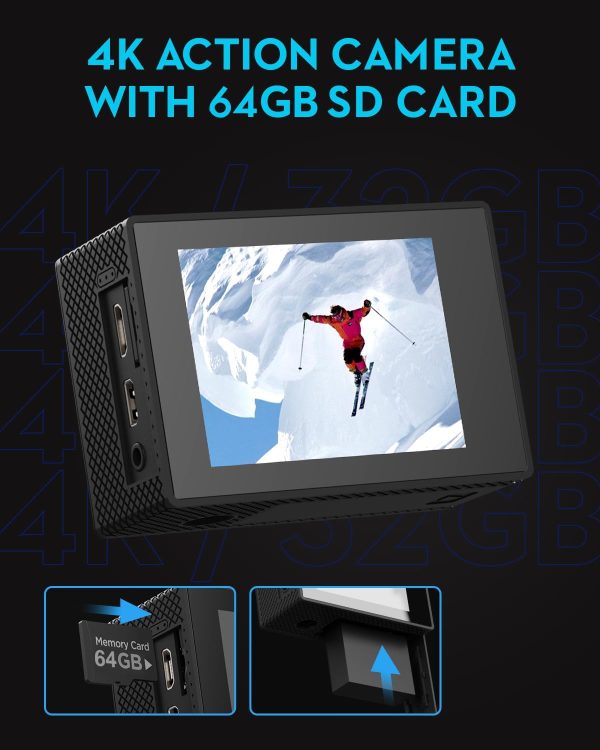 Action Camera 4K30fps with 64G SD Card,HD Waterproof Camera 131ft Underwater Cameras 20MP Pre-recording WiFi Camera 170° Remote Control Sports Cameras with 2 Batteries Helmet Mount Accessories Kits